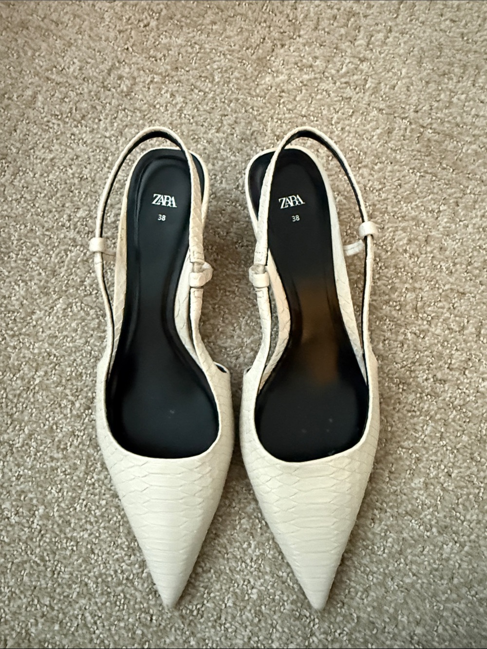 Zara Ivory Snake-Effect Pointed Slingback Flats